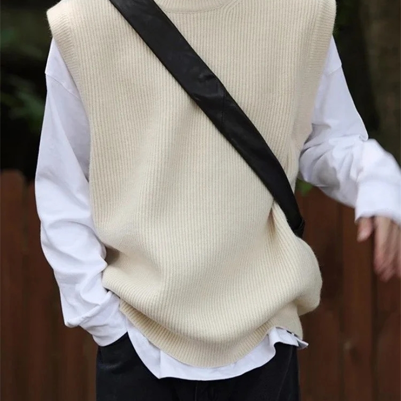 Knit Sweater Male Sleeveless Solid Color Mens Clothing Waistcoat Vest Crewneck Black Round Collar Plain Korean Autumn Old 240726