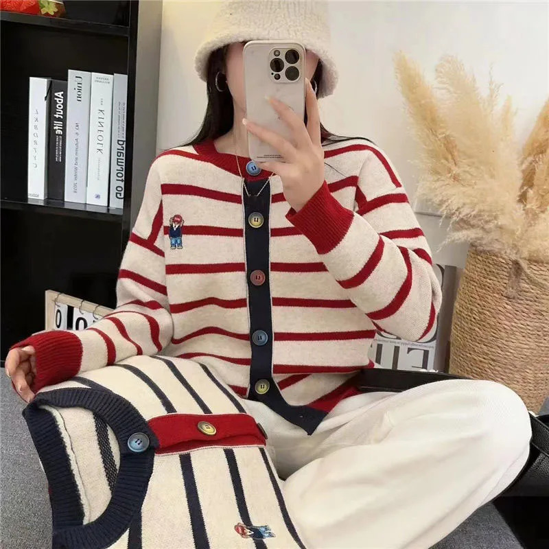 Spring and Autumn Striped Sweater College Casual Knitted Cardigan Coat Versatile Female 250922