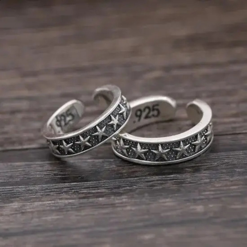 S925 Pure Silver Japanese and Korean Personalized Fashion Couple Ring Star Ring Combination Ring Womens Simple Retro Mens Ring 241120