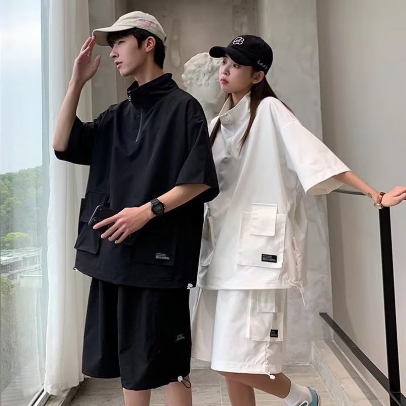 Mens Tracksuits Cargo Pants Short Suit Male Summer Solid Color Loose Tshirts and Shorts 2 Piece Set Japanese Style Outdoor Casual Tracksuit Men 2304