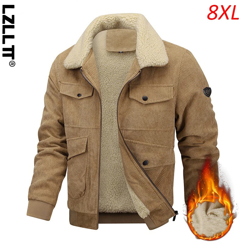 Winter Men Fleece Casual Corduroy Jacket Coat Man Thick Vintage Lapel Jacket Parka Man Cargo Classic Sherpa Jacket Plus Size 8XL 250917Z