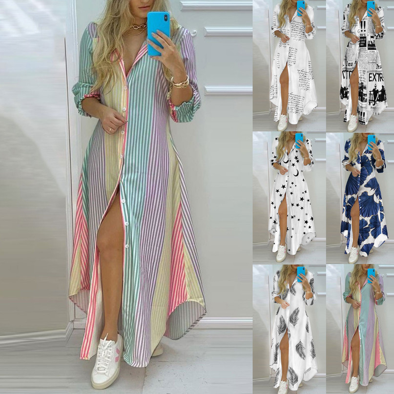 Basic Casual Dresses Women Printed Shirt Dress Casual Turndown Collar Long Sleeve Irregular Maxi Dresses Laides Single Breasted Loose Long dress 230
