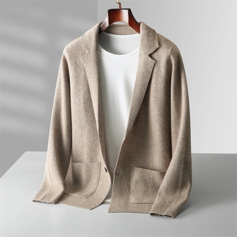 Cashmere cardigan mens lapel sweater casual business long sleeved knitted mens 100 pure cotton sweater coat solid color 240824