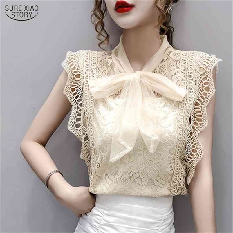 Solid Hollow Out Shirt Korean Fashion Clothing Vintage Sleeveless Womens Tops and Blouses Lace Patchwork Blusas 9811 210506