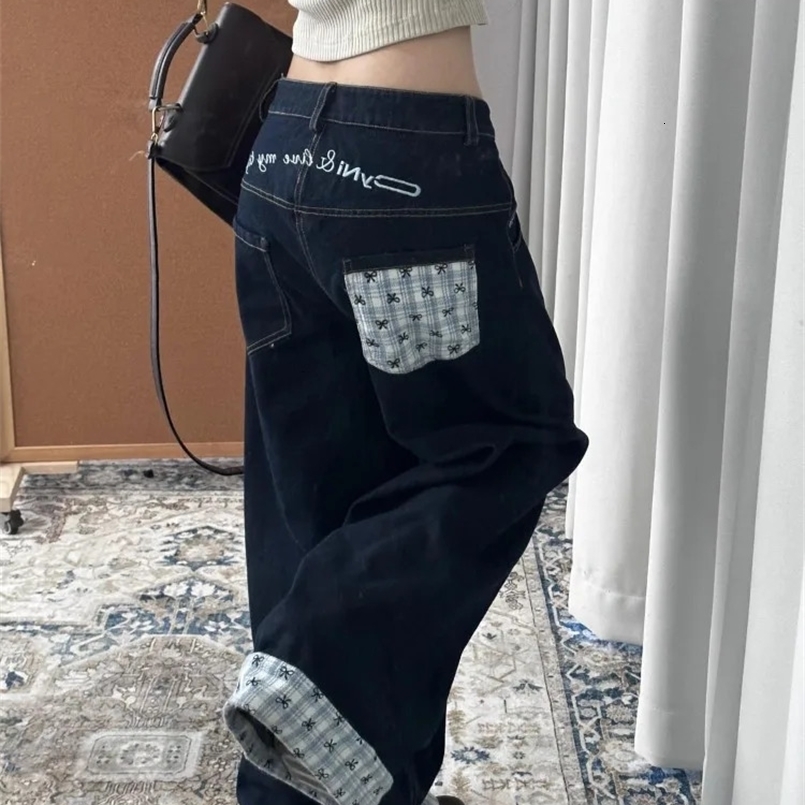 HOUZHOU Y2k Embroidery Baggy Jeans Women Vintage Plaid Patchwork Denim Trousers Harajuku Korean Sweet Oversized Jeans Cutecore 250213