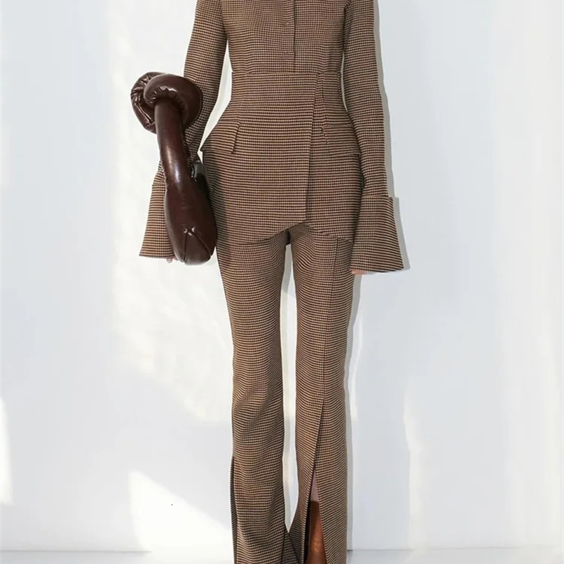 DEAT Autumn womens fashion lapel slim long sleeve blazer and high straight plaid pants female 17A701 241203