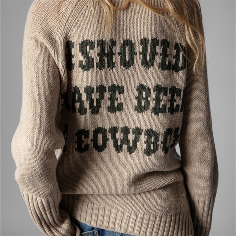Womens Sweaters Autumn Winter 100% Wool Sweater for Women Vneck Back Letter Jacquard Simple Jumper Cuffs Slit 220923