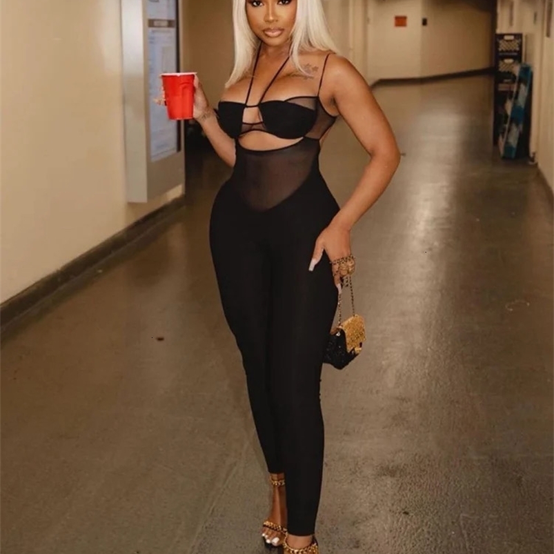 Cute Womens Solid Mesh Casual Jumpsuit Spaghetti Strap Body-shaping Romper Overall Female One-piece Pants Fashion Streetwear 250224