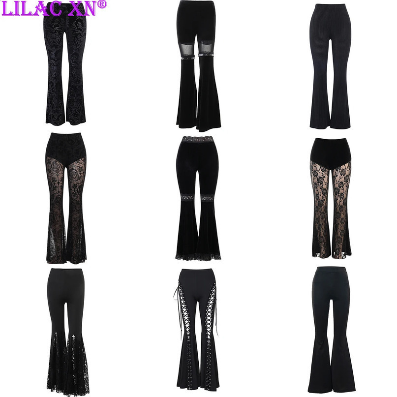 Y2K Gothic Black Lace Mesh Flared Pants Sexy Harajuku Aesthetic See Through Long Trousers Vintage Women Summer Streetwear 250228