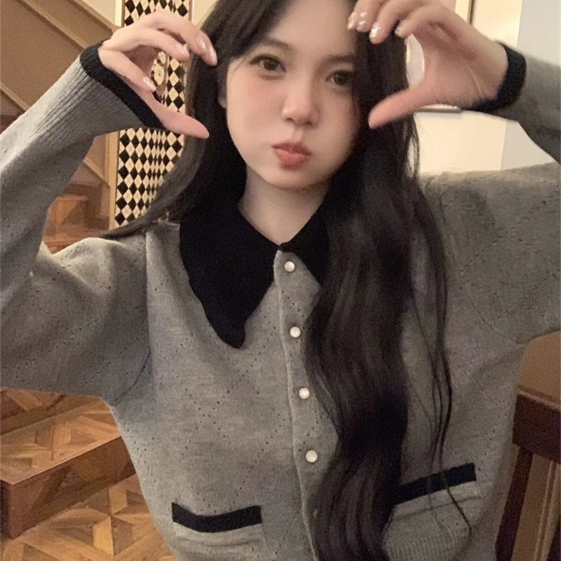 Deeptown Korean Style Cardigan Women Grey Elegant Sweet Knitted Sweater Kawaii Autumn Winter Casual Cutecore Cardigan Sweaters 240830