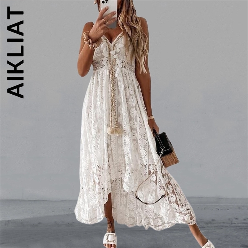 Casual Dresses Aikliat Women Dress V Neck Spaghetti Strap Lace Patchwork Elegant Off Shoulder Dress Vocation Style Vestidos Clothing 0830
