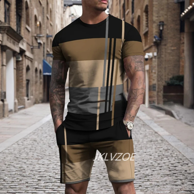 Summer T shirt Set For Men Striped 3D Print Mens Tshirt Short SleeveShorts 2Piece Oversized Casual Beach Sport Man Suit 240409