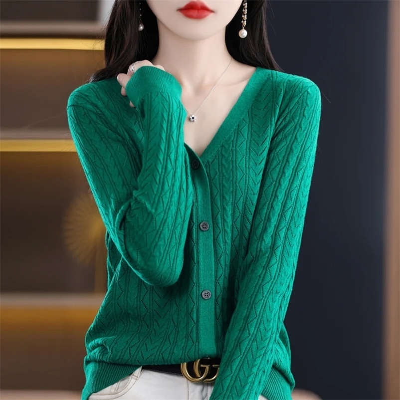 Long Sleeve Hollow out Cashmere Women Knitted Sweaters cardigan Spring and Autume V-Neck Cashmere Cardigan 240703