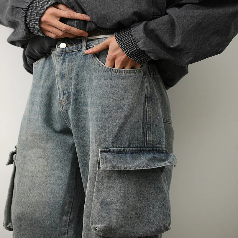 Streetwear Mens Jeans Fashion Loose Straight Denim Pants Men Vintage Y2K Patchwork Pockets Cargo Male Spring Summer Jean 240523
