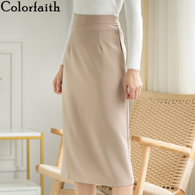 Colorfaith New 2021 Spring Autumn Women Skirt Midi Straight Package Hip Elegant Office Lady Fashionable Female Skirts SK6091 210303