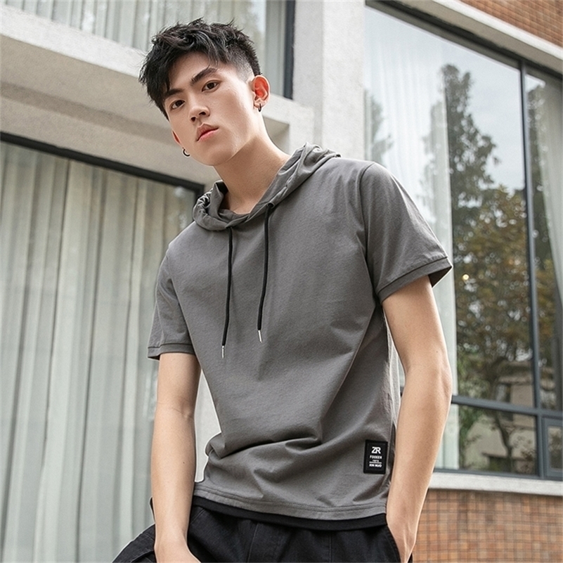 BROWON False Two Short Sleeve T-shirt Men's Hoods Casual Loose Summer New Solid Color Stitching Cotton Top Tee 210319