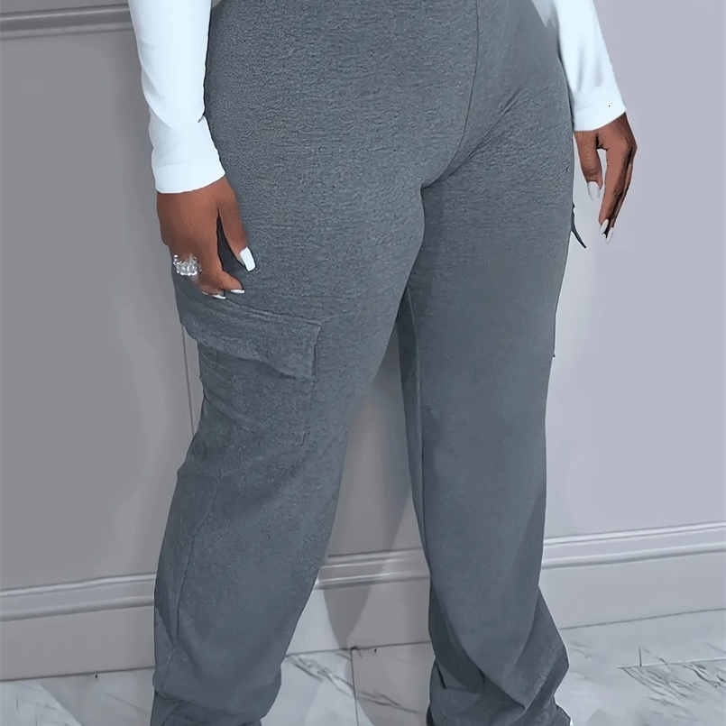 Plus Size Solid Pocket Pants Casual High Waist Pants For Spring Fall Womens Plus Size Clothing 240810