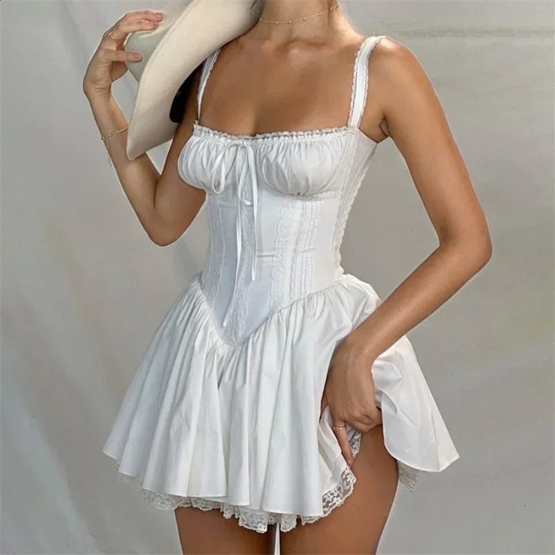 White Lace Up Ruffle Backless Sexy Dresses Women Robes Elegant Evening Party Dress Bodycon Mini Summer Dress Vestidos 240823