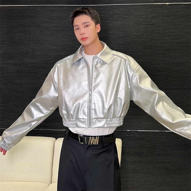 SYUHGFA Leater Jackets Trend Mens Fashion Metal Silver Handsome Lapel Zipper Outerwear Korean Style Short PU Leather Coat 240722