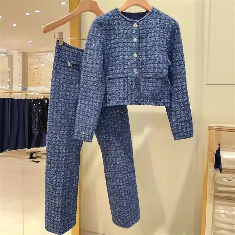Donne blu in tweed in tweed knit collo rotondo cappotto a maniche lunghe a petto singolo o pantaloni lunghi dritti set 240927