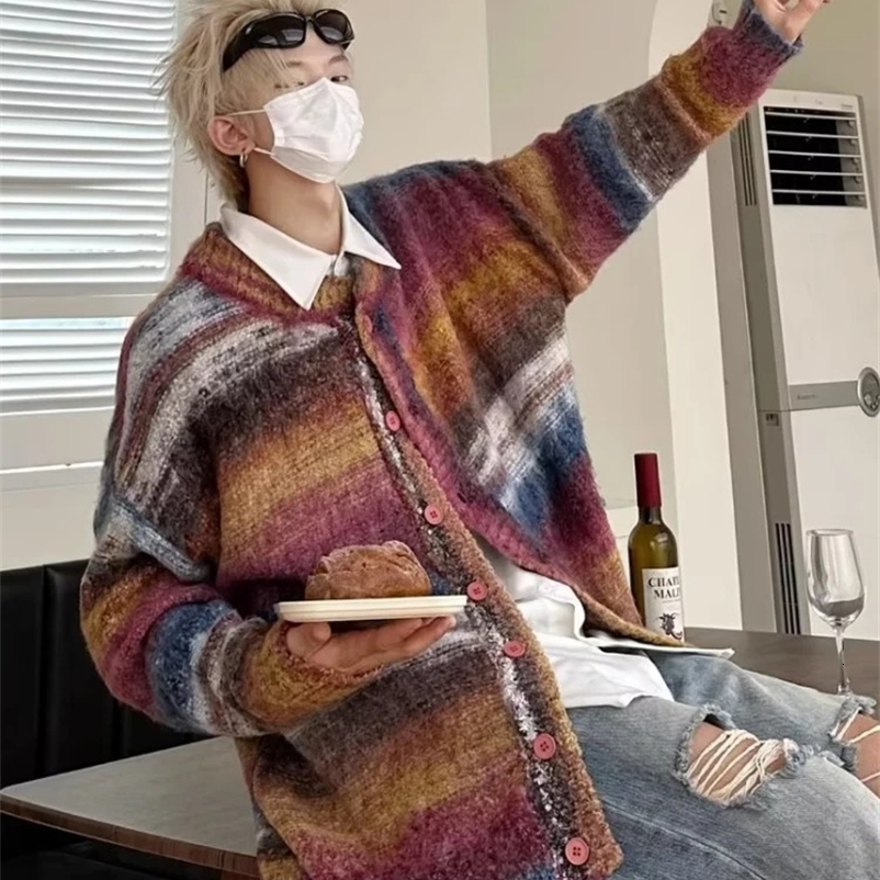 Striped Knitted Sweater Coat Men Japanese Y2K Oversize Casual Autumn Winter Loose V-Neck Cardigan for Men Rainbow Color 240913
