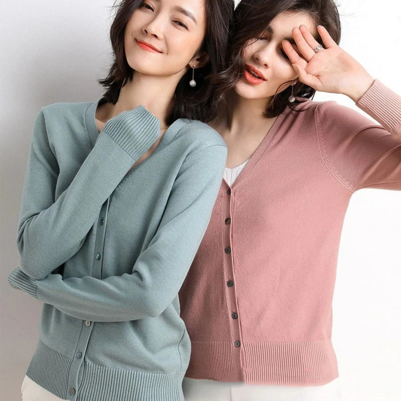 Women Cardigans Autumn Winter Single Breasted Vneck Knitted Sweater Spring Fashion Short Knitwear Solid Cardigan Jumpers 240617