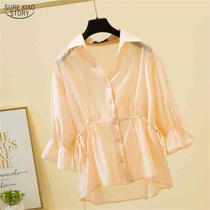 Korean Style Chiffon Half-Sleeve Ruffled Tops Plus Size Loose Button Lace Up Summer V-neck Shirts Women Solid Clothes 9982 210506