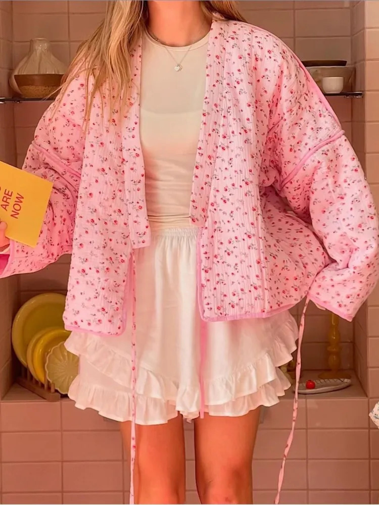 Floral Printed Womens Cardigan Cute Lace up Pink Women Coat Casual Loose Autumn Warm Coats Fashion Ladies Coats Outerwear 250917Z