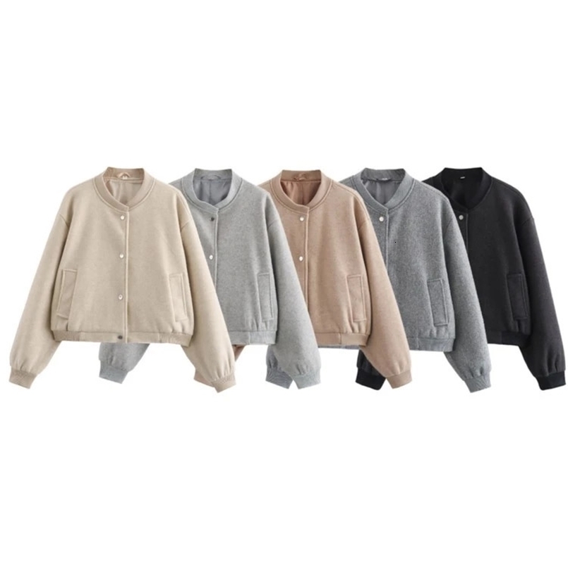 TRAF GAL Winter Oversize Women Bomber Jacket Wool Blends Long Sleeve Pockets Loose Female Short Coat Crop Top Y2K 240726