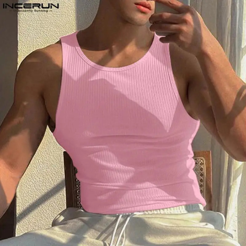 INCERUN Men Tank Tops Solid Color Oneck Sleeveless Streetwear Summer Casual Vests Skinny Fashion Leisure Clothing 5XL 240415