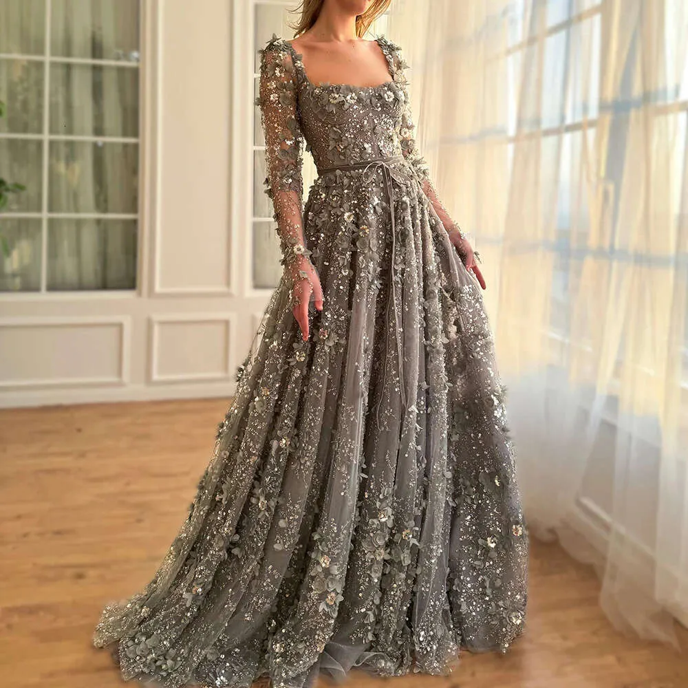 2025 Sexy Gray Evening Dresses Wear Square Neck Long Sleeves Sequined Lace Crystal Beads Hand Made Flowers Open Back Empire Waist Sashes Prom Dress