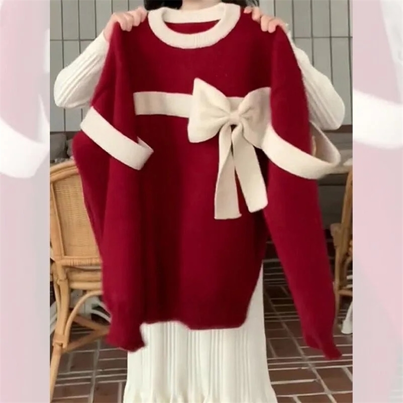 Women's Sweaters Christmas Bow Sweater Women Autumn and Winter Loose Lazy Soft Waxy Gentle Sweater Lining 231020