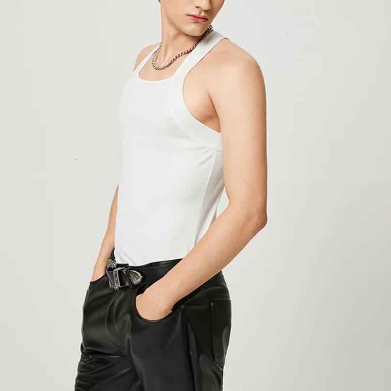 Summer Tank Tops Vest Men Sleeveless Square Collar Stitching Mens Sexy Spaghetti Strap Slim Solid Color 240415