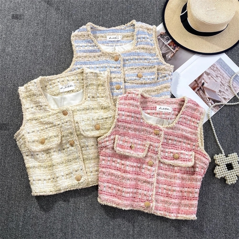 Vintage Tweed Vest Summer Elegant Low Square Collar Single Breasted Raw Edge Jacket Womens Autumn Casual Versatile Short Top 240704