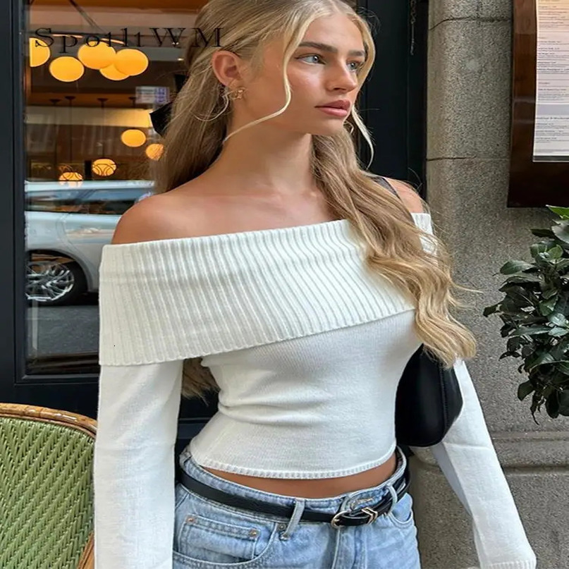 Fashion White Off Shoulder Knitted Sweater For Women Casual Slash Neck Long Sleeve Jumpers Autumn Ladies Commute Knitwear 240617
