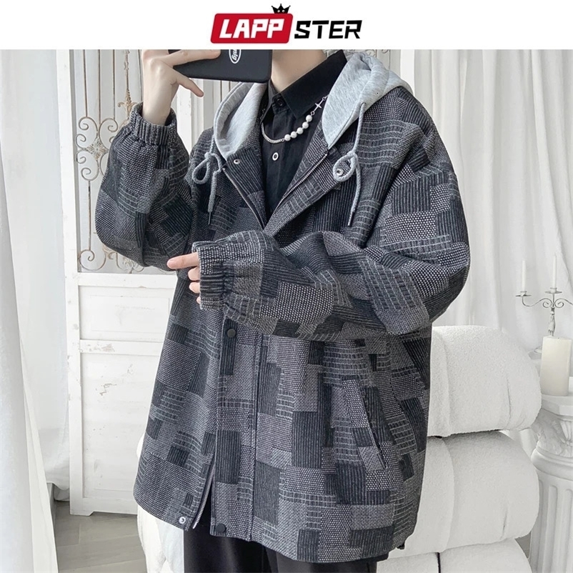 LAPPSTER Vintage Hooded Plaid Jean Jacket Y2k Streetwear Autumn Denim Jackets Coats Men Korean Fashions Windbreaker Jackets 240408