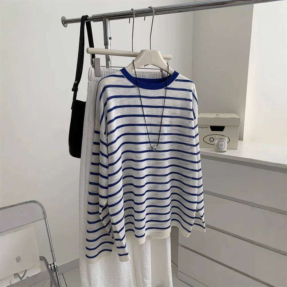 White Blue Striped Ice Linen Knitted Sun Protection Cover For Women, Loose And Casual Korean Style Thin Sleeved Tops