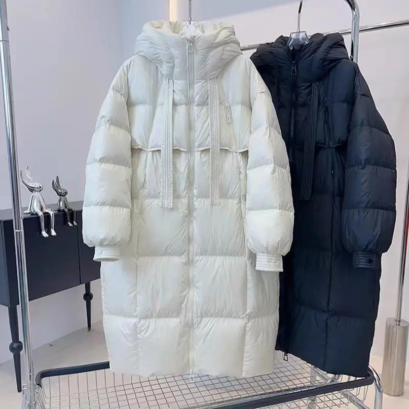 Womens long duck down jacket autumn and winter coat hoodie shoe upper high-end park waterproof park fashionable 241113