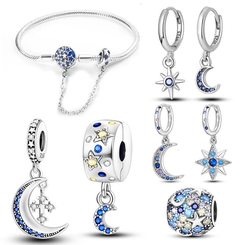 Bracelet Earrings Necklace Star Moon Jewelry Set For Women Wedding Engagement Blue Zirconia Original 925 Silver Charms Suit Gift 231101