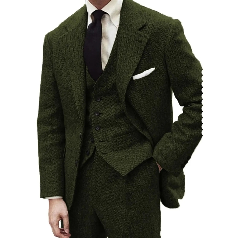 Men's Suits Blazers 3 Pieces Men's Suits Black Wool Herringbon Slim Fit Casual Formal Business Groomsmen Tweed Tuxedos for Wedding BlazerP