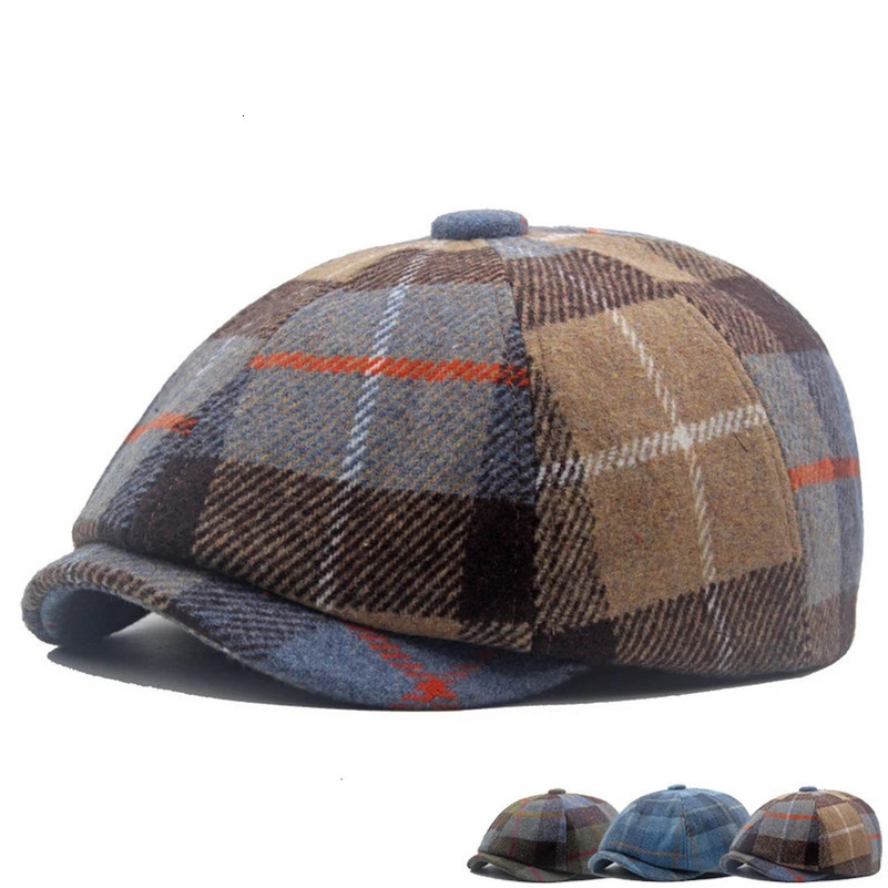 Autumn And Winter Men sboy Caps Lattice Berets Hats For Male Wool Blend 56-61cm Plaid Soft Casual In BT0112 240520