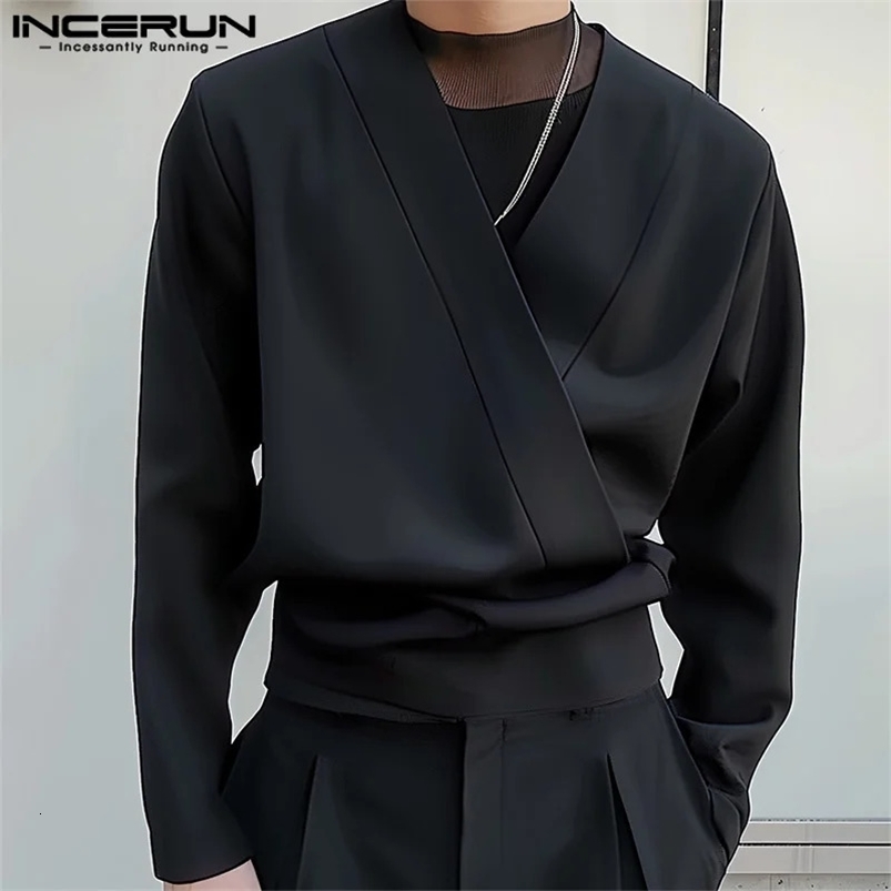 INCERUN Tops Korean Style Fashion Men Deconstruction Shirts Casual Streetwear Solid V-neck Long Sleeved Blouse S-5XL 250207