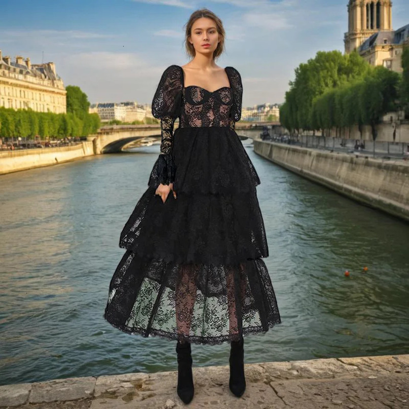 Doris Fanny Solid Spilced Lace Elegant Dresses For Women Square Collar Long Sleeve High Waist Patchwork Folds Dress Female 240615