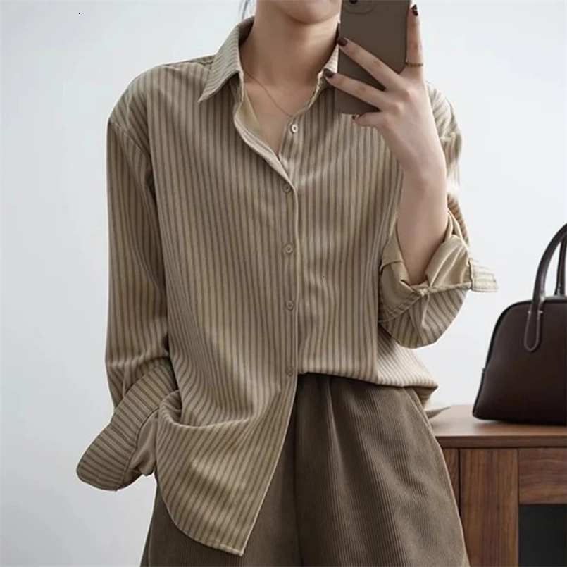 Retro Hong Kong Style Casual Comfortable Long Sleeved Striped Shirt Autumn Fashion Elegant Loose Versatile Lady Top 241202