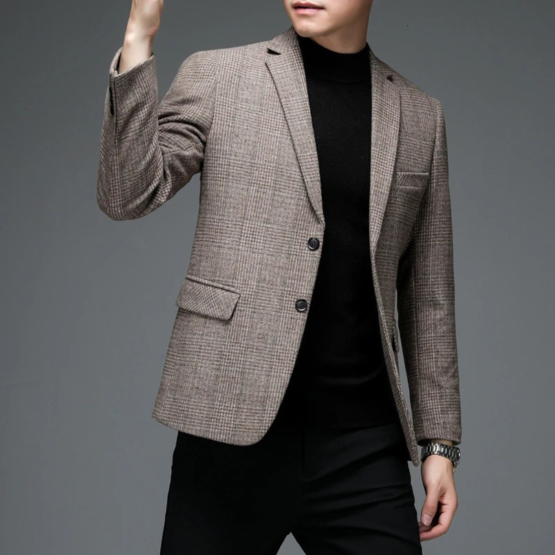 Autumn Winter Men Plaid Wool Blazer Smart Casual Gray Camel Navy Blue Checked Pattern Woolen Blend Jacket Suit Elegant Outfits 240412