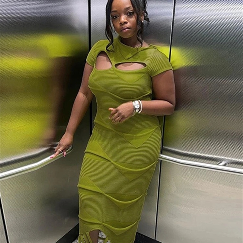 Women Green Corset Dress Short Sleeve Summer Sexy and Elegant Party Long Dress Ladies Hollow Out Thin Knitted Dress High Waist 240810