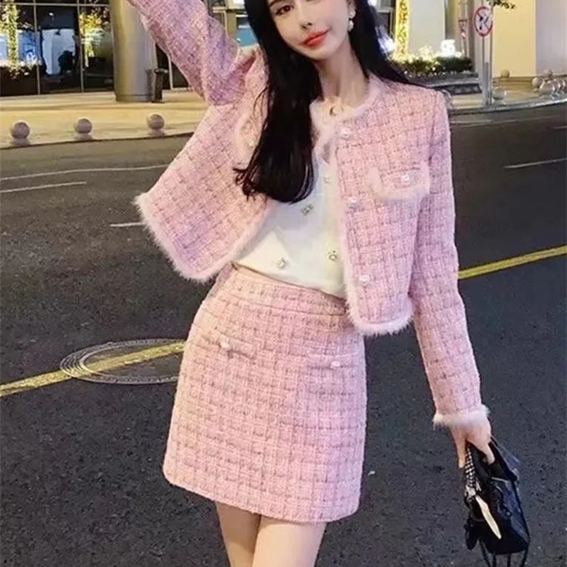 Y2k Tweed Skirt 2 Piece Set Korean Single Breasted Wool Blend Crop Coat Conjuntos Fashion A-line Woolen Short Falda Outfit 240823