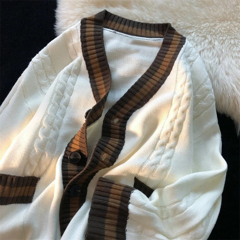 Mens fashion contrasting color Japanese retro single chest knitted cardigan Y2K casual streetwear oversized sweater 241125