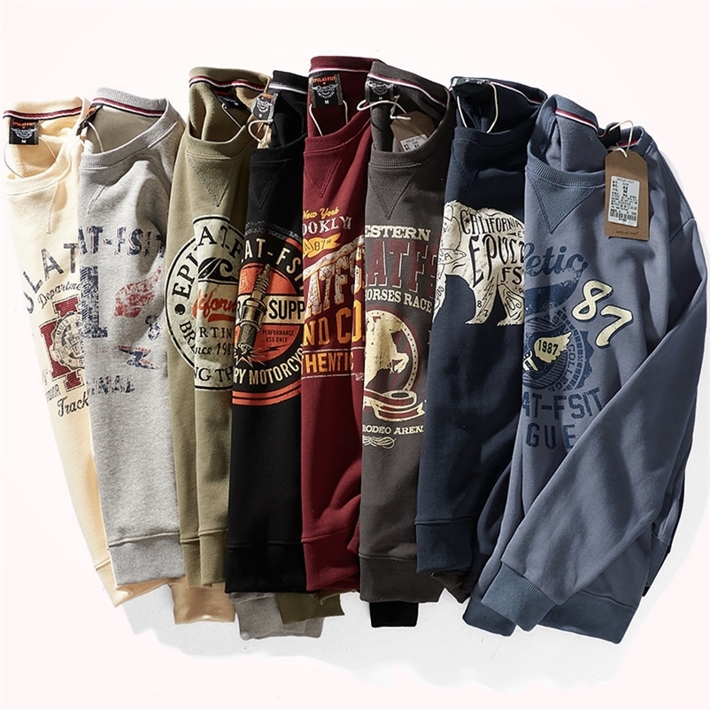 Men's Hoodies Sweatshirts American Retro Terry Printed Hoodies Men's Pure Cotton Washed Old Round Neck Pullover Knitted Long-sleeved Casua