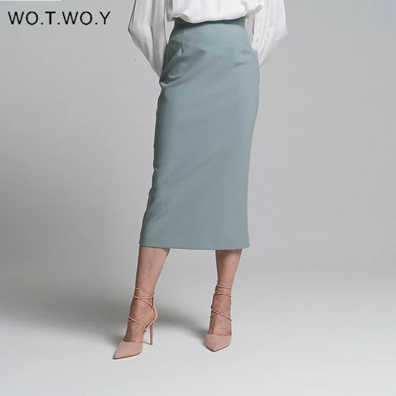 WOTWOY High Waist Wrapped Split Skirts Women Elegant Solid Pencil Skirt Female Slim Fit Zipper Mid-Calf Faldas Mujer Office Lady 210303